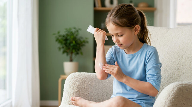 Young girl applying soothing cream to her elbow at home. Child treating dry skin or eczema with ointment from a tube. Healthcare and dermatology concept