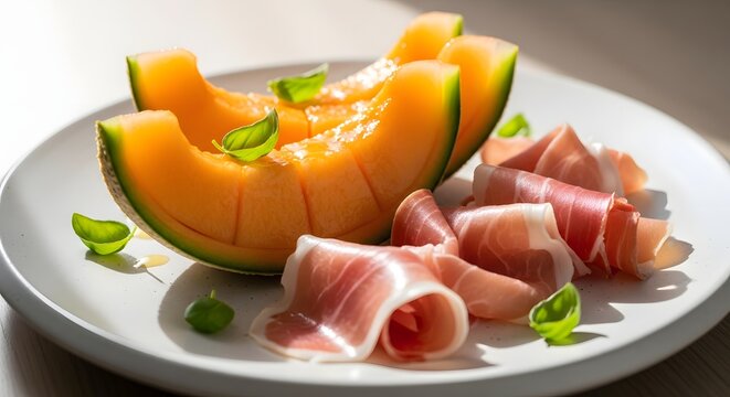Fresh Cantaloupe Melon Slices with Prosciutto and Basil Leaves on White Plate.