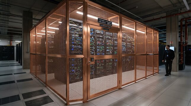 Copper mesh cage enclosing server racks in data center