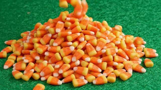 Pile of Halloween Candy Corn Falling on Green Background - A close-up shot of candy corn falling and piling up on a textured green background.