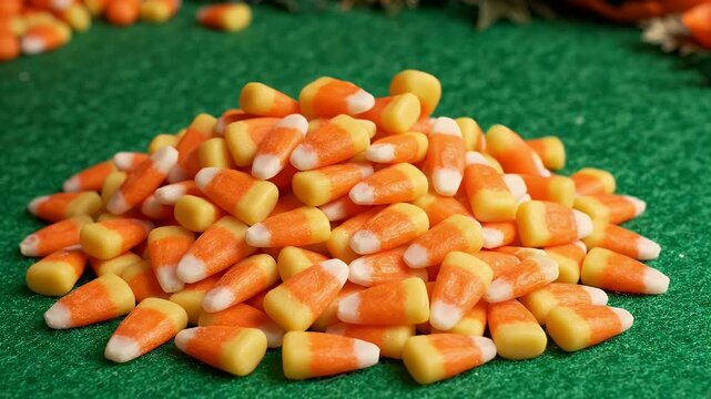 Candy Corn Pile Halloween Treat Green Background - A close-up shot of a pile of candy corn treats being poured onto a textured green surface.
