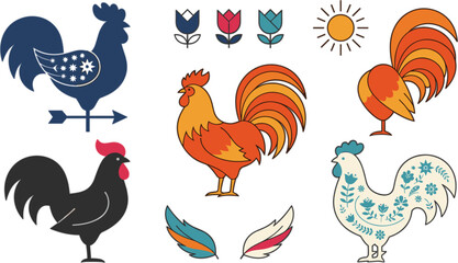 Vintage rooster weathervane and floral folk art chicken vector illustrations set © Hossain