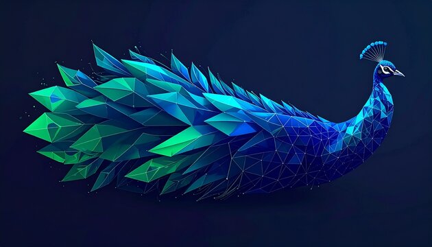 Geometric peacock illustration. Abstract crystal bird icon with vibrant blue feathers.