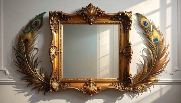 Gilded peacock mirror on wall. Ornate gold frame with exotic bird feather illustration decor.