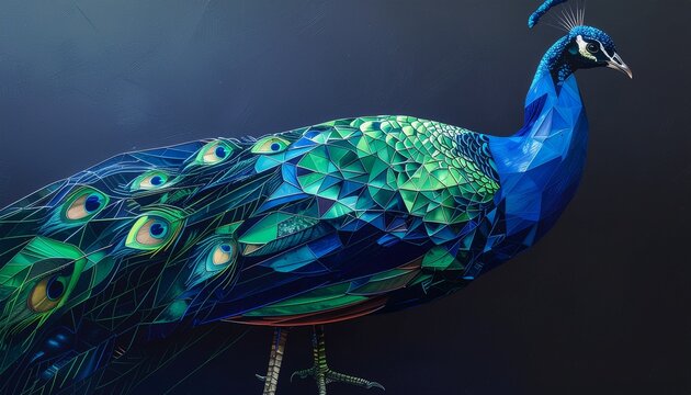 Geometric peacock illustration. Artistic bird icon with vibrant blue and green plumage.