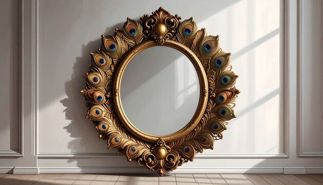 Gilded peacock mirror on wall. Ornate gold frame with avian feather motifs for home decor.