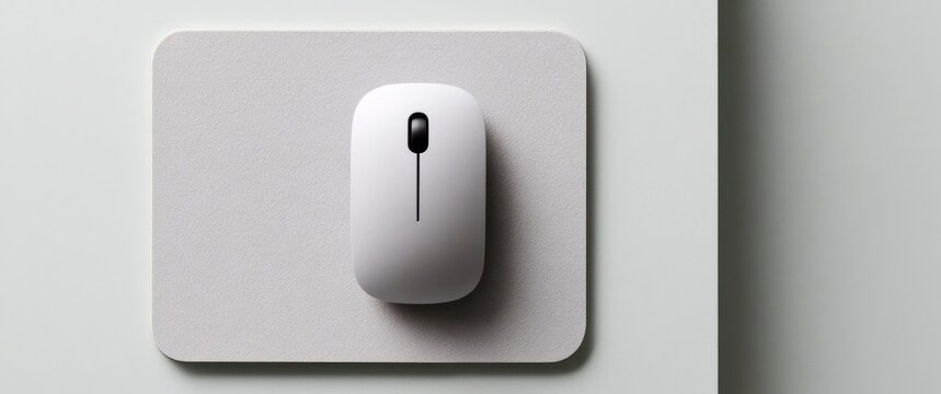 Minimalist white wireless mouse on a sleek white desk pad in a clean workspace setting