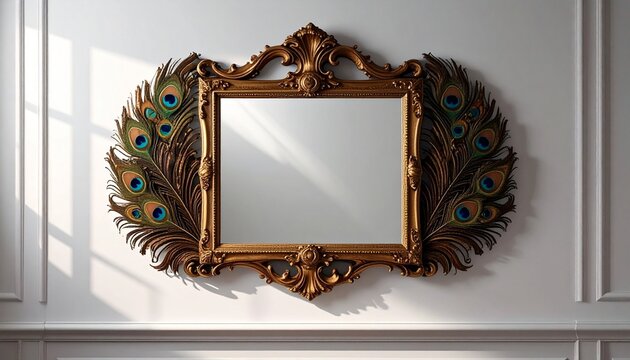 Gilded peacock mirror on white wall. Ornate vintage wall decor with avian feather motif.