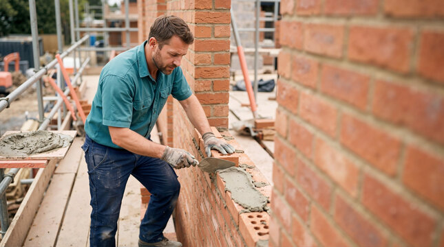 Male bricklayer spreading mortar with a trowel on a red brick wall. Professional construction worker building a house on scaffolding
