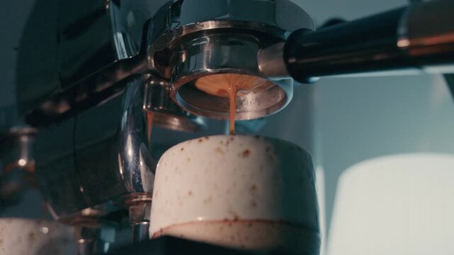 4K Pouring coffee stream from professional machine in cup. Barista man making double espresso, using filter holder. Flowing fresh ground coffee. Drinking roasted black coffee in the morning.	
