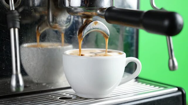 Professional espresso machine pouring hot dark coffee into a ceramic cup with rising steam against a bright green screen background
