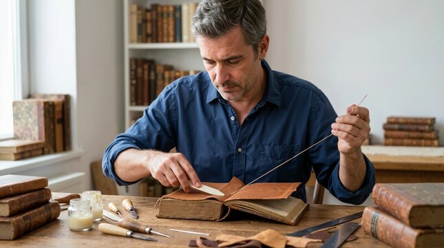 Craftsman repairing an antique leather book binding at a wooden desk. Professional bookbinder restoring a vintage book using traditional tools