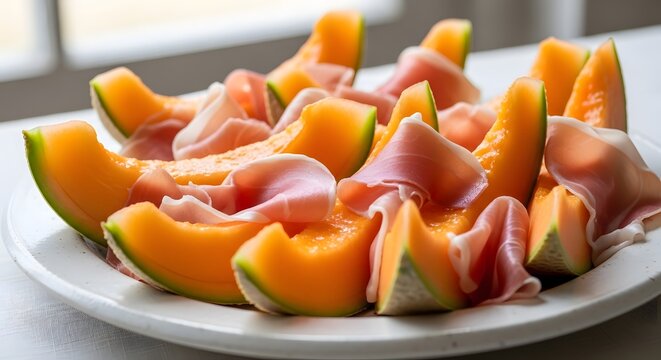 Fresh Cantaloupe Melon Slices with Prosciutto Ham on a White Plate.