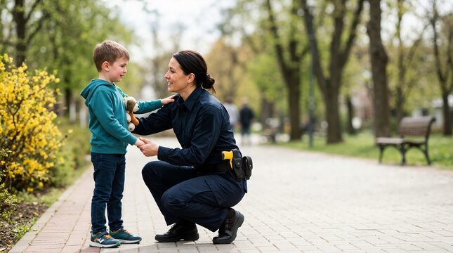 Female police officer consoling a lost young boy in a park. Reassuring law enforcement officer holding hand of a child with a stuffed toy