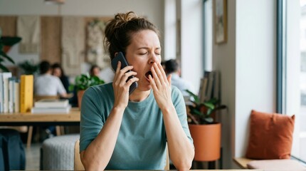 Fototapeta premium Tired woman yawning while talking on smartphone. Exhausted female employee on phone call in cafe
