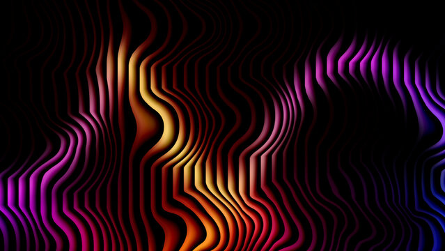 Abstract background with vibrant glowing wavy lines in purple and orange colors against a deep black backdrop