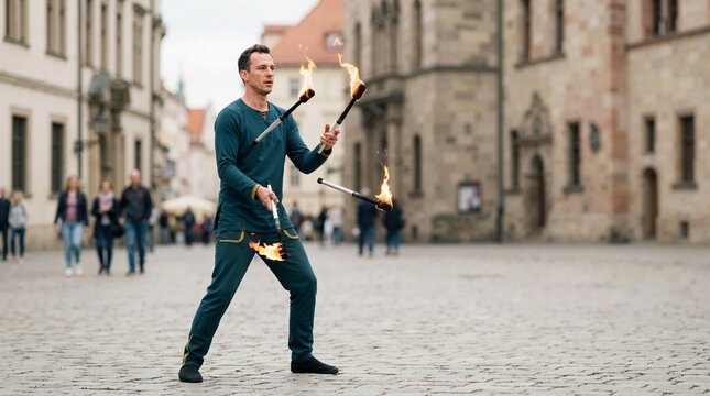 Male street performer juggling fire torches in a public square. Juggler entertaining people with burning torches in a historic European city
