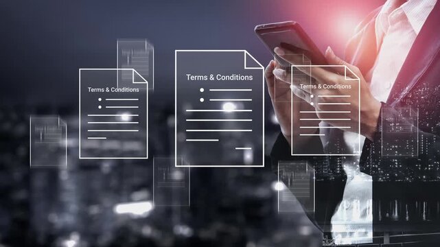 Business professional analyzing terms and conditions documents on smartphone with digital overlay in urban environment at night Gluon.