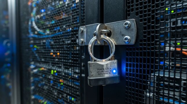 Metal padlock securing server rack in data center