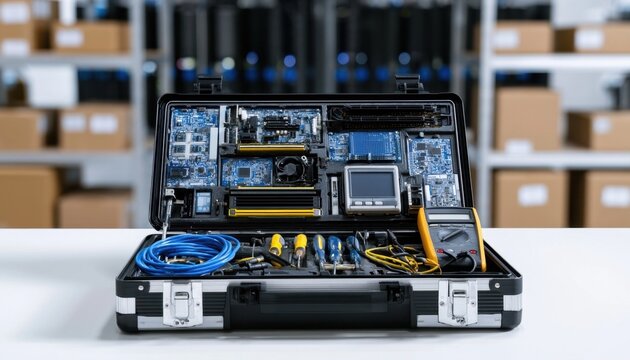 Open black equipment case containing network tools and circuit boards on a white table
