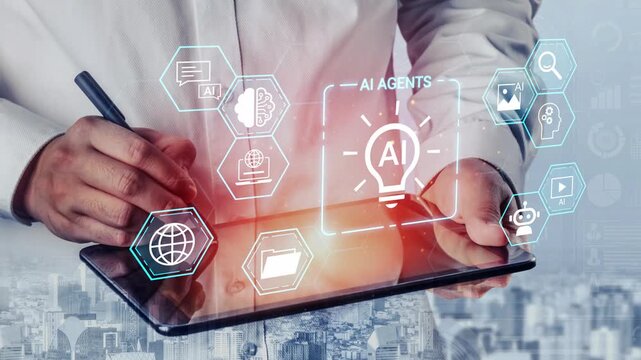 Business professional using tablet technology with artificial intelligence icons and digital graphics for modern solutions to enhance productivity and efficiency Gluon.