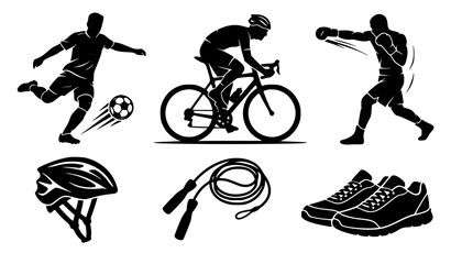 Active sports training silhouettes set featuring soccer player kicking ball road cyclist racing boxer punching helmet jump rope and running shoes icons © Josna