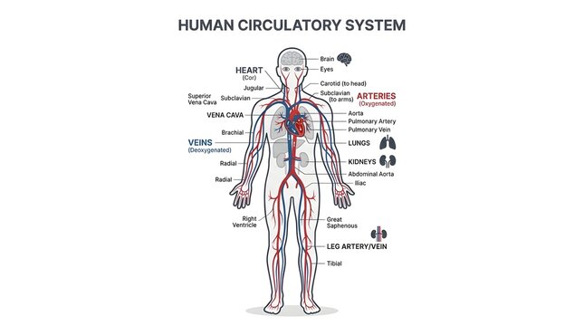 Detailed diagram of the human circulatory system showing major arteries and veins.