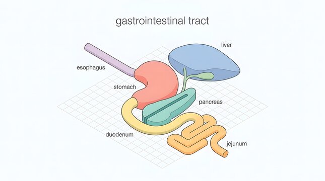 Isometric medical illustration of the human gastrointestinal tract with anatomical labels.
