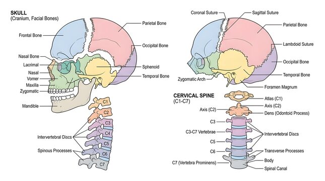 Detailed anatomical diagram of the human skull and cervical spine with labels.