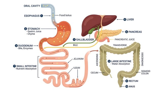 Medical diagram of the human digestive system with detailed anatomical labels.