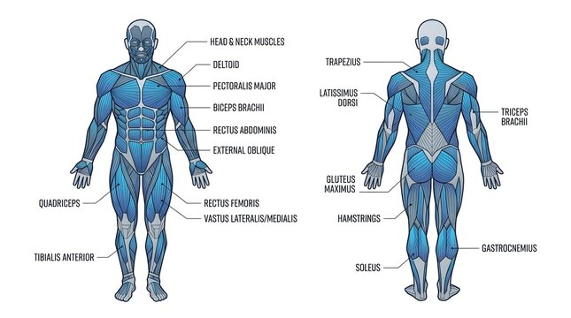 Anatomical diagram of the human muscular system showing anterior and posterior views with labels of major muscle groups.