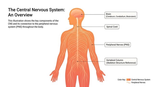 Educational diagram of the human central nervous system showing the brain, spinal cord, and peripheral nerves.