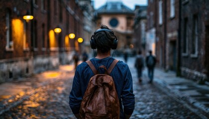 Fototapeta premium Person wearing headphones walking down a cobblestone street at dusk with wet reflections and warm streetlights