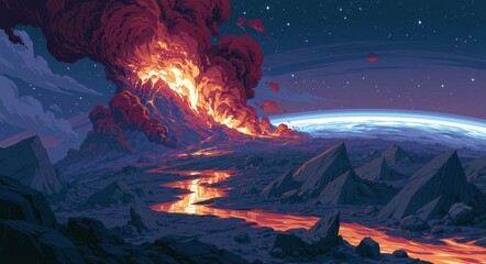 Fototapeta premium Pixel art volcano erupting with lava flow on an alien planet at night