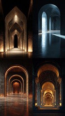 Obraz premium Architectural interior with arched doorways and warm lighting in a luxurious exhibition hall