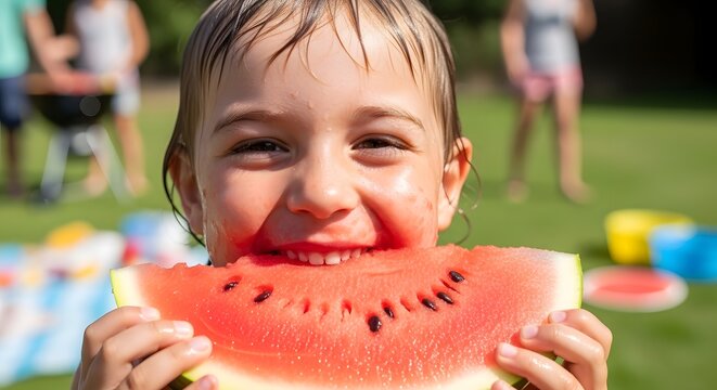 Happy child eating watermelon outdoors on a sunny summer day.