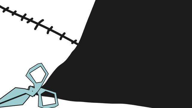 A transition effect in the form of cut fabric and a cutting tool. Scissors divide the fabric with a seam into two parts.