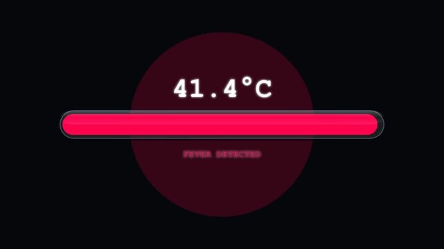 Digital thermometer UI animation showing increasing body temperature levels from normal to high fever in Celsius.