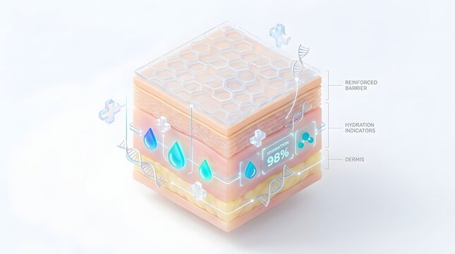 Detailed 3D illustration of human skin layers demonstrating hydration, collagen, and protective barrier.