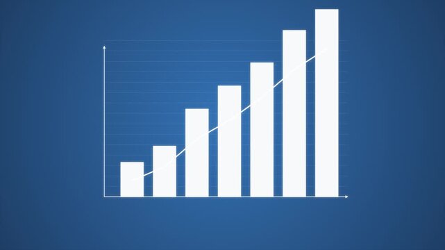 Animated business bar chart growing over time with trend line against blue background.