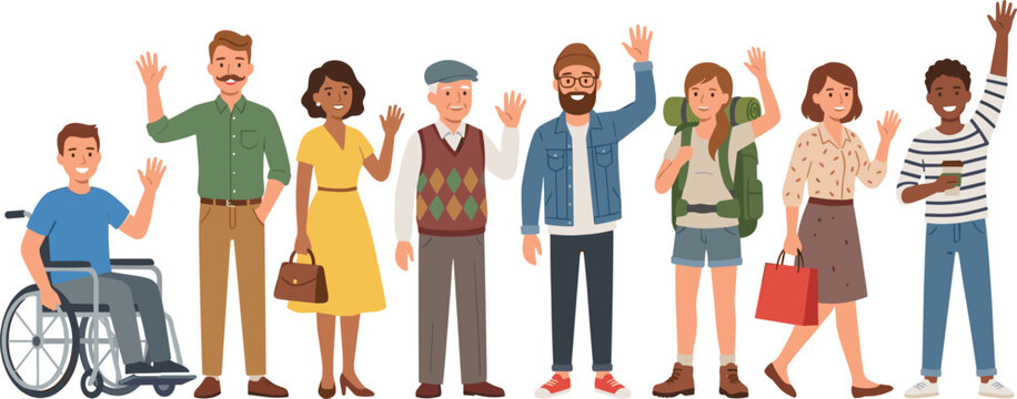 Diverse multiethnic friendly people group waving hands greeting vector character set with disabled person wheelchair traveler and elderly man