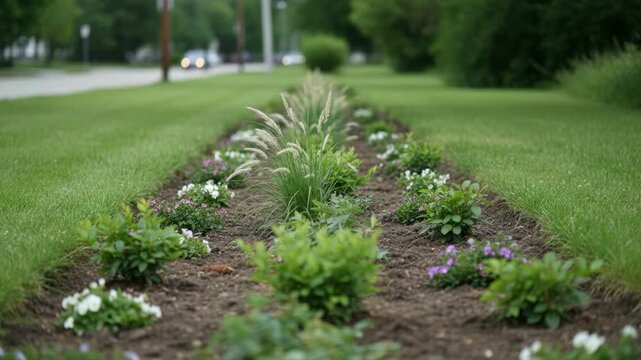 Medium shot of landscaping work covering a telecom trench in a grass verge showing soil and plants in sharp focus with the surrounding green area gently out of focus.