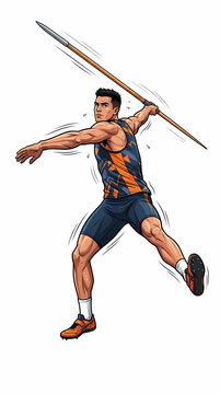 dynamic illustration of a male athlete performing a javelin throw with intense focus and powerful form.