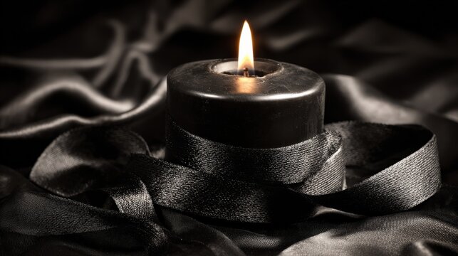 A black candle with a small flame rests on smooth black satin fabric, surrounded by a loosely coiled black ribbon, creating a serene and elegant atmosphere.