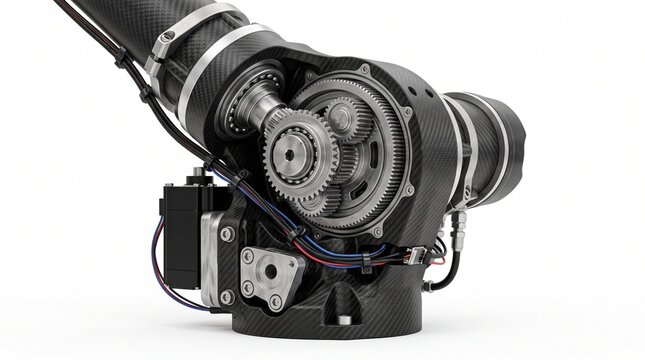 Cutaway View of Carbon Fiber Robotic Arm Joint with Exposed Gears