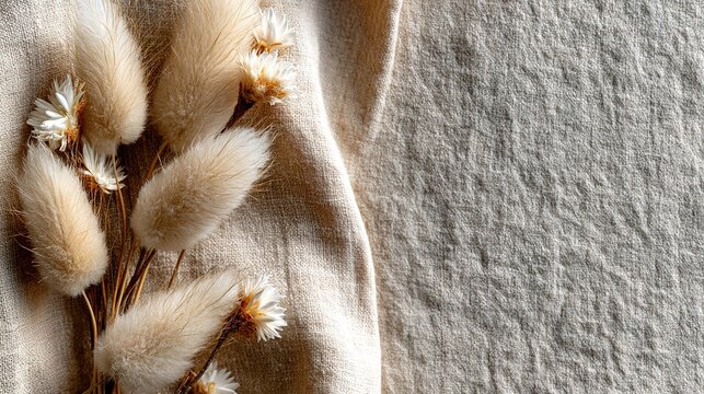 Flat lay botanical arrangement, dried bunny tail grass and white strawflowers vertically clustered on left textured warm cream linen paper backdrop, natural folds soft shadows, blank right copy space,