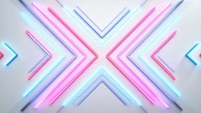 Neon light lines forming chevron pattern rotate against white background