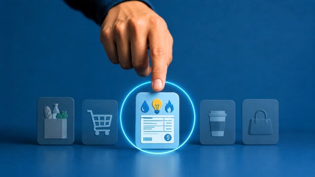 Finance household utility bill payment energy cost budgeting hand payment finger touch invoice bill icon blue background