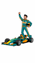 Obraz premium A triumphant racing driver stands atop his formula car with a fist raised in victory.