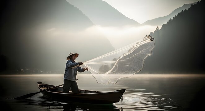 Fisherman casting net in misty lake at sunrise with mountains